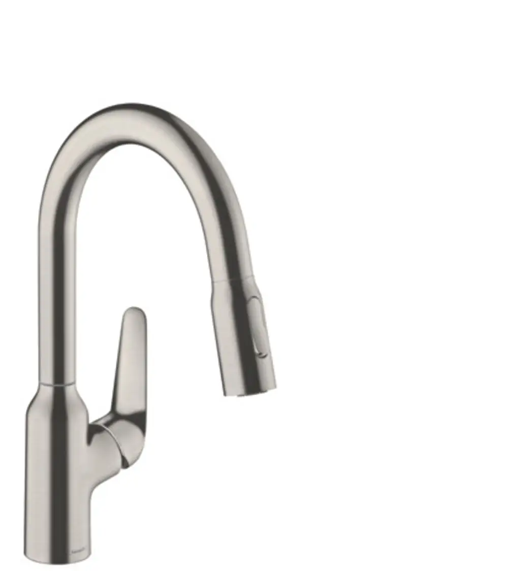 Hansgrohe Küchenarmatur mit einem geschwungenen Auslauf und einer ausziehbaren Brause, in Edelstahl-Optik. Der Griff befindet sich an der Seite zur einfachen Bedienung.